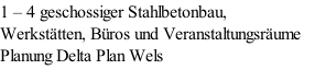 1 – 4 geschossiger Stahlbetonbau,  Werkstätten, Büros und Veranstaltungsräume Planung Delta Plan Wels